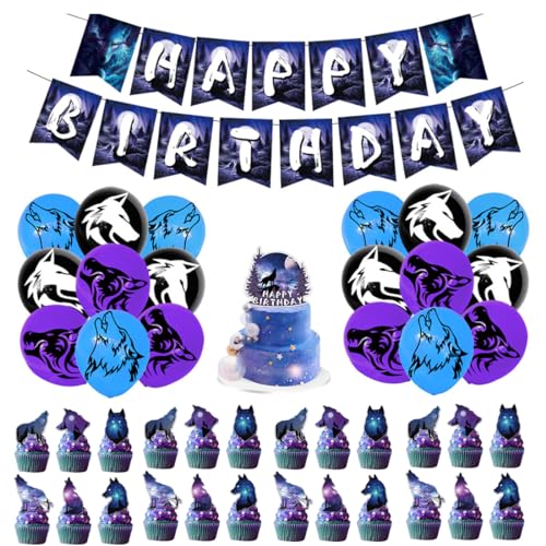 SUNSK Geburtstagsballons Wolf Tier Luftballons Runde Latexballon Happy Birthday Girlande Wolf Kuchen Topper Geburtstag Deko für Jungen 44 Stück von SUNSK