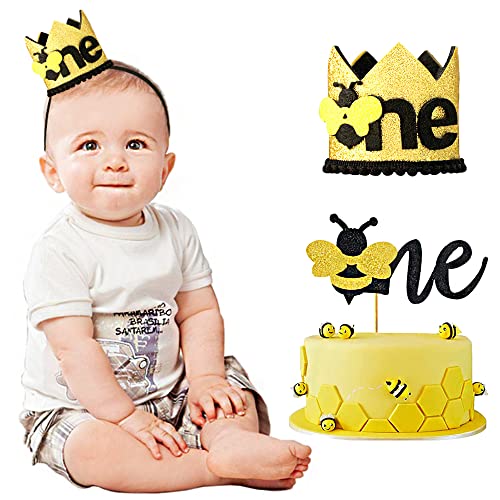 SUNSK Geburtstagskrone 1 Jahr Geburtstag Baby Krone Gold One Bee Cake Topper Geburtstagskrone Kinder Biene Tortendeko Geburtstag Krone Baby Geburtstagsdeko für Kinder Geburtstag 2 Stück von SUNSK