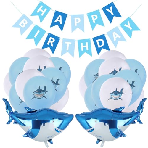 SUNSK Hai Luftballons Geburtstagsballons Happy Birthday Girlande Runde Latexballon Blau Hai Helium Folienballon Geburtstag Deko für Kinder (23 Stück) von SUNSK