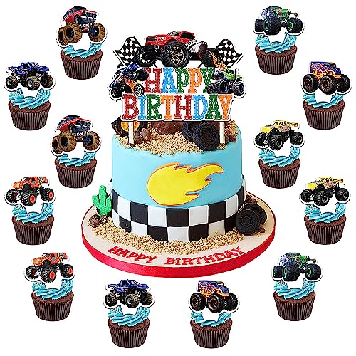 SUNSK Tortendeko Cars Torte Topper Monster Truck Cupcake Topper Happy Birthday Cake Topper Tortenaufsatz Auto Tortendeko Kindergeburtstag Kuchen Dekoration Junge für Kinder 49 Stück von SUNSK