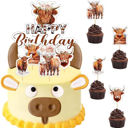 SUNSK Tortendeko Hochlandkuh Kuchendekoration Hochlandrinder Happy Birthday Cake Topper Tier Cupcake Toppers für Baby Shower Geburtstag Deko von SUNSK