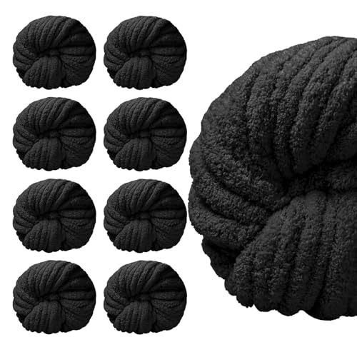 SUNTQ Chenille-Garn zum Häkeln, Handstricken, Decke, Haustierbett, Heimdekoration, Dunkelschwarz (30 m, 250 g pro Strang), 8 Stück von SUNTQ