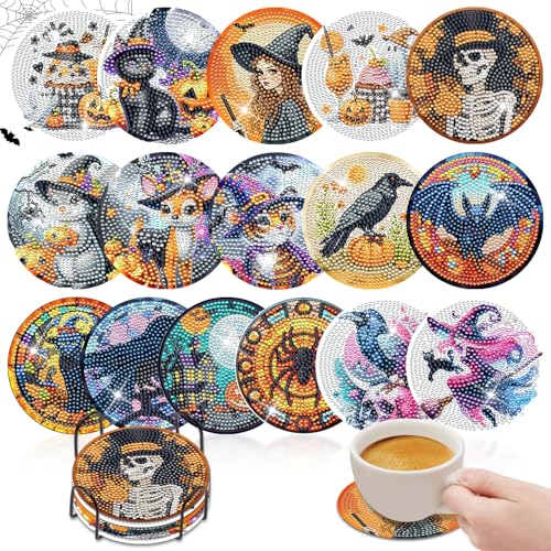 16 Stück DIY Halloween Diamond Painting Untersetzer mit Halter,Diamond Painting Basteln,Diamant Tassenuntersetzer,Basteln Erwachsene,Geburtstagsgeschenk für Erwachsene&Kinder-A von SUNXBUK