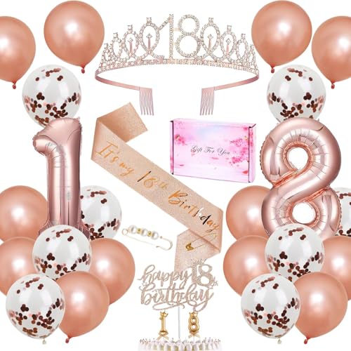 18 Geburtstag Geschenk,Geburtstag Deko 18 Jahre Krone Schärpe Ballons Kerze,Geschenkbox,Cake Topper,Geschenke für Frau von SUNXBUK