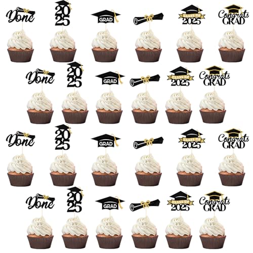 24 PCS Graduation Cupcake Toppers, 2025 Abschluss Tortendeko, Grad Cap Graduation Kuchen Dekoration, Abschluss Deko für Kuchen Dekorationen Partyzubehör Abschlussfeierzubehör von SUNXBUK