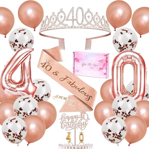 40 Geburtstag Geschenk,Geburtstag Deko 40 Jahre Krone Schärpe Ballons Kerze,Geschenkbox,Cake Topper,Geschenke für Frau von SUNXBUK