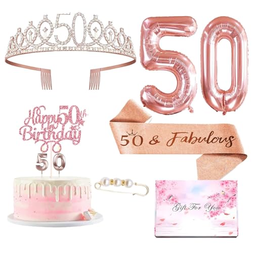 50. geburtstag frau,Deko 50 Geburtstag Frauen,Geburtstagskrone Schärpe 50 Jahre,Roségold 50 Jahre Krone Ballon Schärpe,Glitzer Kuchendeko Geburtstagsdeko,Cake Topper mit Geburtstagskerzen von SUNXBUK