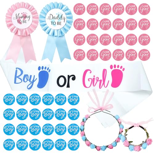 53 Stück Gender Reveal Party Deko, Geschlecht Offenbar Deko, Team Boy Und Team Girl Pin Abzeichen, Mommy To Be Und Daddy To Be Schärpe, Gender Reveal Party Deko Sticker für Babyparty Deko Girl Or Boy von SUNXBUK