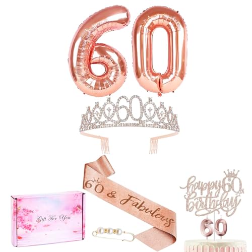 60. geburtstag frau,Deko 60 Geburtstag Frauen,Geburtstagskrone Schärpe 60 Jahre,Roségold 60 Jahre Krone Ballon Schärpe,Glitzer Kuchendeko Geburtstagsdeko,Cake Topper mit Geburtstagskerzen von SUNXBUK