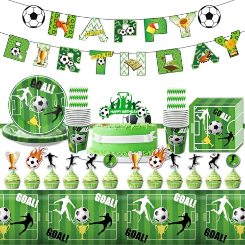 Fussball Deko Geburtstag, 107 Stück Partygeschirr Kindergeburtstag, Fußball Partyteller Geburtstag Geschirr Jungen Kinder, Fussball Party Deko mit Pappteller, Becher, Servietten für 20 Gäste von SUNXBUK