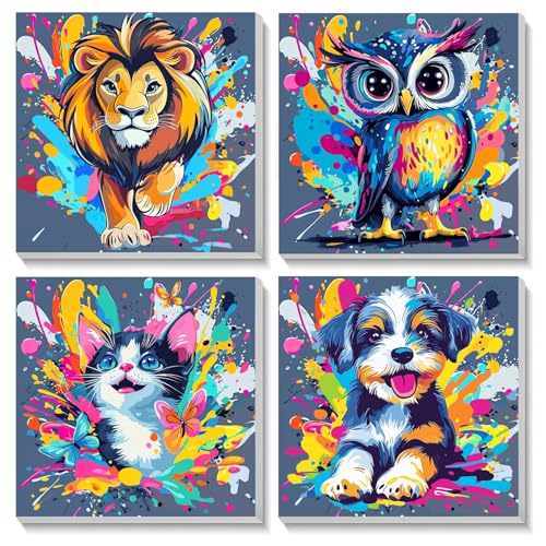 Malen Nach Zahlen Erwachsene,4 Pcs Malen Nach Zahlen Tiere mit Rahmen,DIY Malen Nach Zahlen Kinder Anfänger mit Pinsel,Olgemälde Auf Handgemalt,Painting By Numbers Easy,Home Haus Deko(20*20cm) von SUNXBUK