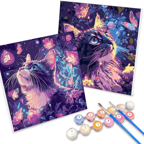 Malen Nach Zahlen Erwachsene 2 Pcs,Malen Nach Zahlen Katzen mit Rahmen,Paint by Numbers Kinder Erwachsene Anfänger mit Pinsel,Malen Nach Zahlen Tiere für Home Decor,Katze+Schmetterling (20×20 cm) von SUNXBUK