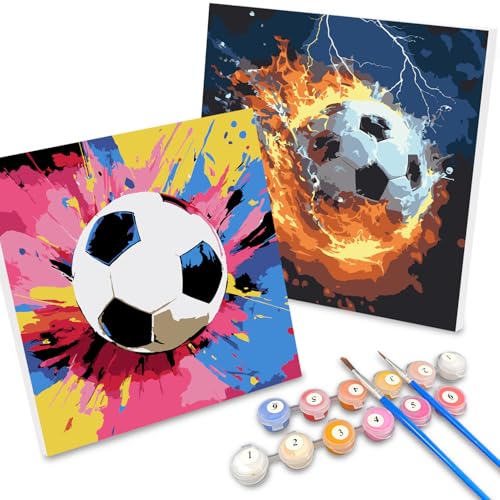 Malen Nach Zahlen Fußball 2 Stuck,Malen Nach Zahlen Kinder mit Rahmen,Painting By Numbers Fußball Easy 20*20 cm,DIY Handgemalt Ölgemälde Kit für Anfänger und Jungen Erwachsene,Home Haus Deko von SUNXBUK