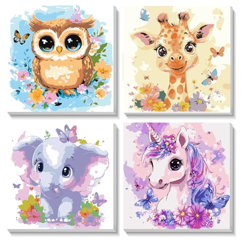 Malen Nach Zahlen Kinder,4 Pcs Malen Nach Zahlen Tiere Kinder,DIY Malen Nach Zahlen Cartoon ab 5 6 7 8 9 10 Jahre Jungen Mädchen Anfänger mit Pinsel&Rahmen,Kawaii Olgemälde Auf Handgemalt(20*20cm) von SUNXBUK