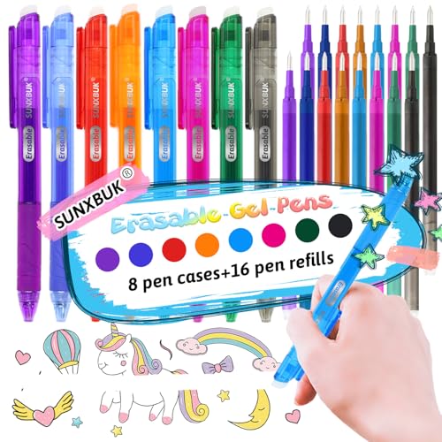 Radierbarer Kugelschreiber,8 Stück Radierbarer Tintenroller+16 Stück 0,7 mm Ersatzminen,Radierbare Stifte Bunt Set,Erasable Pen Gelschreiber Radierstift,für Schulsachen Bürobedar Briefpapier von SUNXBUK
