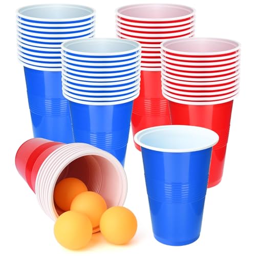 SUNYIWJIE Beer Pong Set 22 Stück 473 ml Kunststoff-Partybecher mit 4 Tischtennisbällen für Partyspiele (Rot-Blau) von SUNYIWJIE