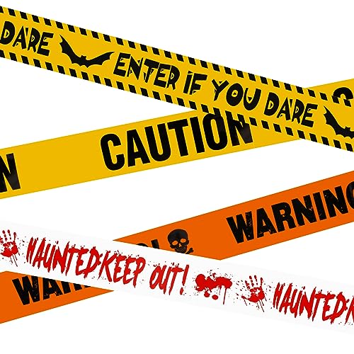 SUNYOK Halloween Warnband 4pcs Gefahr Warnung Absperrband Halloween Deko Garten Warnbänder 9.1M Gruselige Caution Tape Schrägband Bündel für Outdoor Horror Gefahrenbereiche Zombie Party Deko von SUNYOK