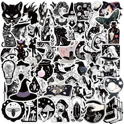 Hexe Sticker,50 Stück Schwarz Weiß Sticker Set Wasserfest Graffiti Aufkleber,Witchy Sticker für Laptop Skateboard Koffer Helm Auto Fahrrad Handy Scrapbook,Geschenk für Kinder Teenager Erwachsene von SUNYOVIME