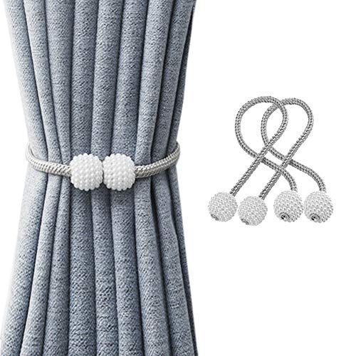 SUOXU Vorhang-Raffhalter, 2 Stück magnetische Vorhang-Raffhalter, Perlenkugel-Vorhang-Clips, Seil-Halterungen, Vorhang-Weberei-Halter, Schnallen für Zuhause, Büro, dekorativ (grau von SUOXU