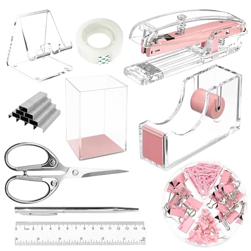 SUPEASY Rosa Desk Organisatoren und Zubehör Bürobedarf, 10pcs Set für Büro mit Hefter, Band-Spender, Stifte, Stifthalter, Telefonhalter, Band, Regel, 1 Box Hefter, Schere und 1 Box Clip SUPEASY Rosa Desk Organisatoren und Zubehör Bürobedarf, 10pcs Set für Büro mit Hefter, Band-Spender, Stifte, Stifthalter, Telefonhalter, Band, Regel, 1 Box Hefter, Schere und 1 Box Clip von SUPEASY