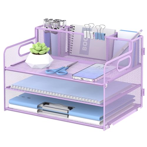 SUPEASY Schreibtisch-Organizer mit 3 Etagen, Griff und 3 Stifthaltern, Netz-Papier-/Akten-Organizer für den Schreibtisch, Papier-Briefablage, Organizer für Bürobedarf (Hellviolett) von SUPEASY