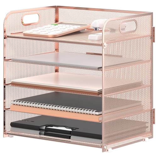 Supeasy 5 Ablagen, Papier-Organizer, Briefablage mit Griffnetz, Schreibtisch-Organizer, Papiersortierer, Schreibtisch-Organizer für Büro, Zuhause oder Schule (Roségold) von SUPEASY