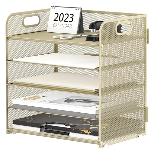 Supeasy 5 Ablagen Papier-Organizer Briefablage mit Griff aus Netzstoff, Schreibtisch-Organizer für Büro, Zuhause oder Schule (Goldgelb) von SUPEASY