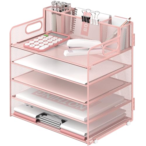 SUPEASY Schreibtisch-Organizer mit 5 Etagen, mit Griff und 3 Stifthaltern, Netzpapier-/Akten-Organizer für den Schreibtisch, Papier-Briefablage, Organizer für Bürobedarf (Rosa) von SUPEASY