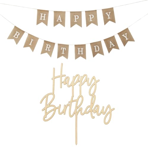 2 Stück Happy Birthday Geburtstag Girlande & Cake Topper Tortendeko Holz Geburtstagsgirlande Geburtstag Banner Sackleinen Vintage Kuchendeko Geburtstagsdeko Geburtstag Party von SUPECHUNYI