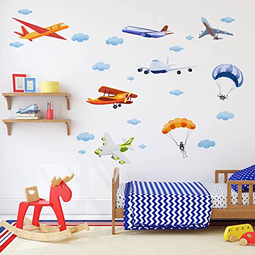 SUPERDANT 3D Aquarell Cartoon Wandtattoo Flugzeug Fallschirm Wolken PVC Wandaufkleber Abnehmbare Wandaufkleber Für Kinderzimmer Kindergarten Flugzeug Thema Dekoration 290x980mm von SUPERDANT