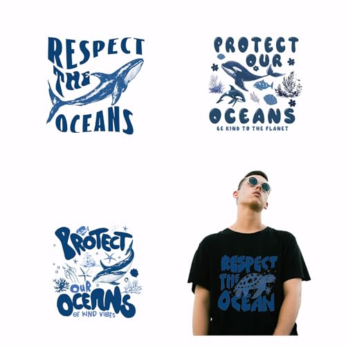 SUPERDANT 4 Stü Protect Oceans Aufbügler Mit Meerestiere Wärmeübertragungsaufkleber DIY Abziehbilder Zum Aufbügeln Waschbares Wärmeübertragungspapier Für Kleidung T Shirts Rusäe Taschen von SUPERDANT