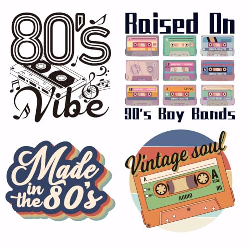 SUPERDANT 4 Stück 80s Radio Aufbügler Hergestellt In Den 80'S Wärmeübertragungsaufkleber Musiknoten DIY Aufbügler Waschbares Wärmeübertragungspapier Für Kleidung T Shirt von SUPERDANT