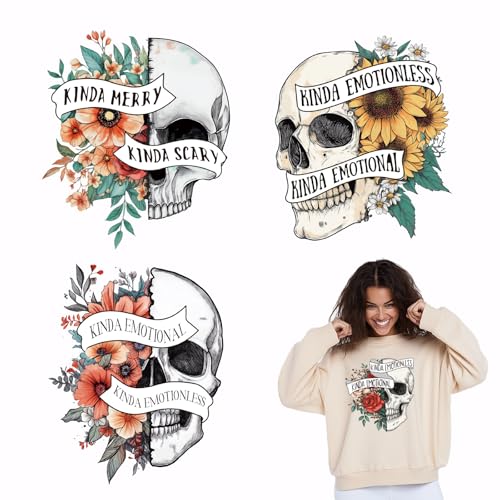 SUPERDANT 4 Stück Bügelbilder Wärmeübertragung Patches Mit Schädel Und Blume Für Kleidung Kinda Heat Merry Kinda Scary Wärmeübertragung Aufkleber Für Kleidungsdekor Transfers Kapuzenpullover T Shirts SUPERDANT 4 Stück Bügelbilder Wärmeübertragung Patches Mit Schädel Und Blume Für Kleidung Kinda Heat Merry Kinda Scary Wärmeübertragung Aufkleber Für Kleidungsdekor Transfers Kapuzenpullover T Shirts von SUPERDANT