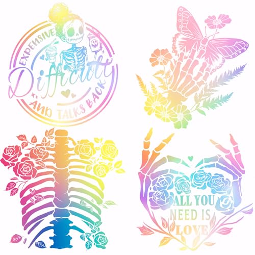 SUPERDANT 4 Stück Bunte Totenkopf Wärmeübertragungsaufkleber Mit Totenkopf Und Rose Zum Aufbügeln Aufnäher Aufkleber Wärmeübertragungspapier Für Kleidung T Shirts Jeans Rucksäcke Kissen DIY von SUPERDANT