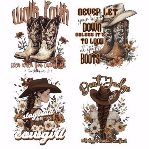 SUPERDANT 4 Stück Cowgirl Wärmeübertragungsaufkleber Cowboystiefel Zum Aufbügeln Aufbügler Aufkleber Waschbares Wärmeübertragungspapier Für Kleidung T Shirts Jeans Rucksäcke DIY von SUPERDANT