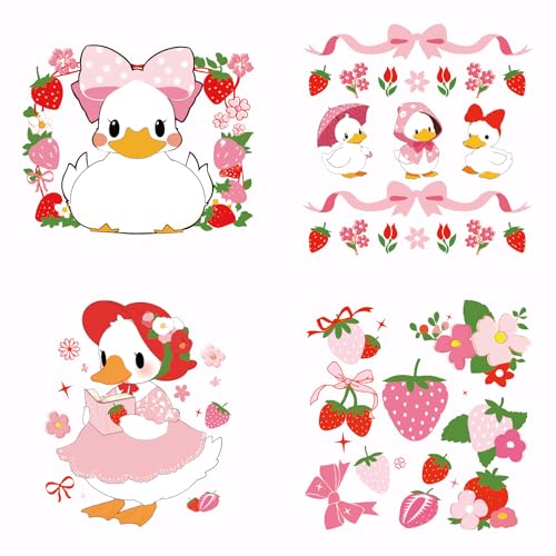 SUPERDANT 4 Stück Erdbeerschleife Zum Aufbügeln Transferpapier Süße Ente Wärmeübertragungsaufkleber Rosa Beeren Zum Aufbügeln Aufkleber Für T Shirts Segeltuchtaschen Jacken Kissen DIY Bastelarbeiten von SUPERDANT