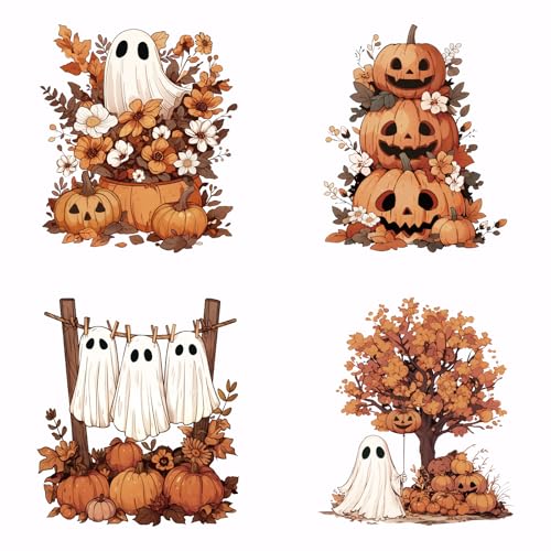 SUPERDANT 4 Stück Geister Kürbis Wärmetransfer Halloween Bügelbilder Kunststoff Aufkleber Set Kleidung Bügelbilder Für T Shirts Segeltuchtaschen Jacken Kissen DIY Bastelarbeiten Urlaubsparty von SUPERDANT