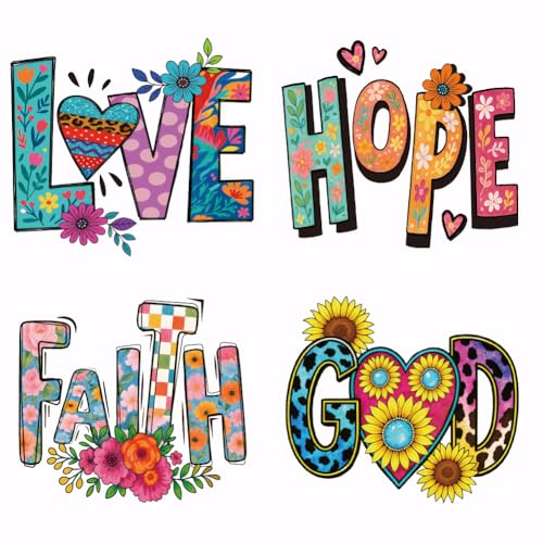 SUPERDANT 4 Stück Graffiti Text Bügelbilder Wärmeübertragung Patches Love Hope Faith God Zum Aufbügeln Aufbügler Waschbares Bügelbilder für Textilien Für Kleidung T Shirts Jeans Rucksäcke DIY Geschenk von SUPERDANT
