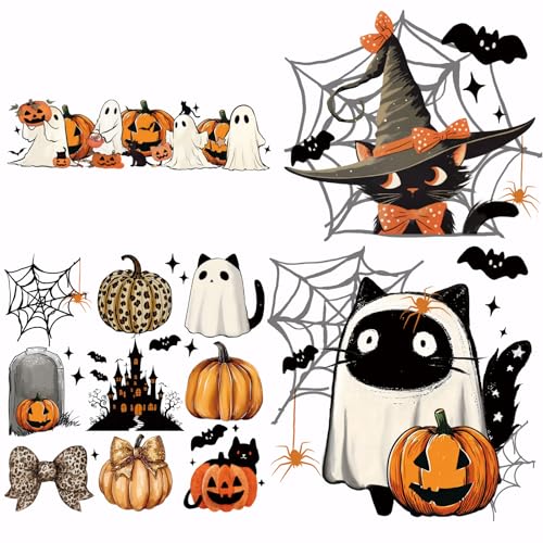 SUPERDANT 4 Stück Halloween Katzen Wärmetransfer Aufkleber Gruselige Kätzchen Und Kürbislichter Zum Aufbügeln Aufnäher Waschbar Für Kleidung T Shirts Rucksäcke DIY von SUPERDANT
