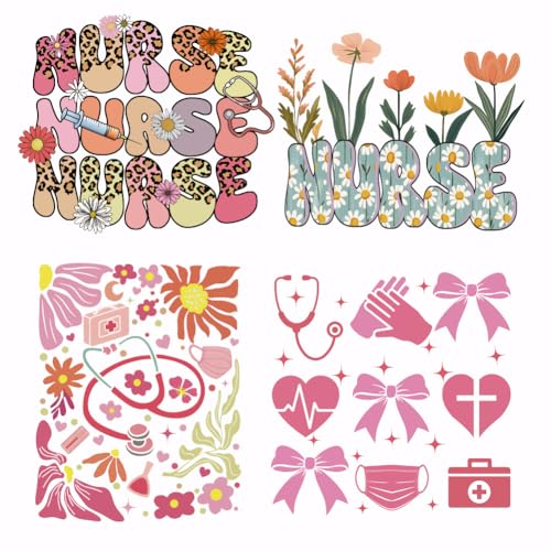 SUPERDANT 4 Stück Krankenschwester Wärmetransfer Rosa Blumen Bügelbilder Kunststofffolie Logo Aufkleber Set Kleidung Aufbügelbilder Für T Shirts Segeltuchtaschen Jacken Bastelarbeiten von SUPERDANT