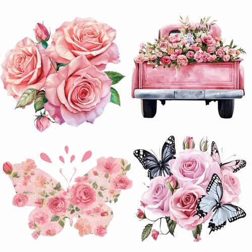 SUPERDANT 4 Stück Rosa Rosen Wärmeübertragung Schmetterlingsblumen Bügelbilder Kunststofffolie Logo Aufkleber Kleidung Aufbügelbilder Für T Shirts Segeltuchtaschen Jacken Bastelarbeiten von SUPERDANT