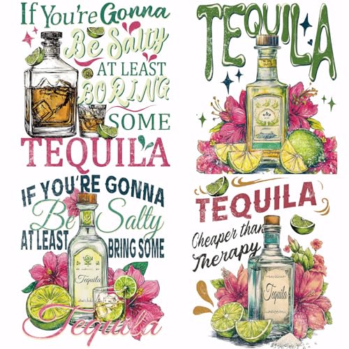 SUPERDANT 4 Stück Tequlia Flasche Zum Aufbügeln Transferpapier Zitronenblume Wärmeübertragungsaufkleber Sommer Trink Aufkleber Zum Aufbügeln Druckfertig Für T Shirts Leinentaschen Jacken von SUPERDANT