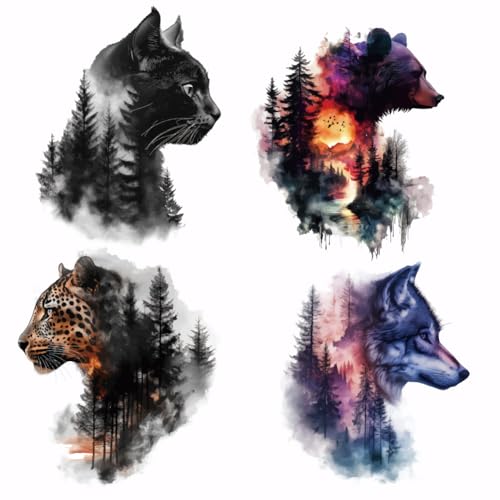 SUPERDANT 4 Stück Wärmeübertragungsaufkleber Mit Tiermotiven Waldmotiven Bär Katze Bügelbilder Gepard Wolf Aufbügler Aufkleber Waschbares Wärmeübertragungspapier Für Kleidung T Shirts Jeans von SUPERDANT