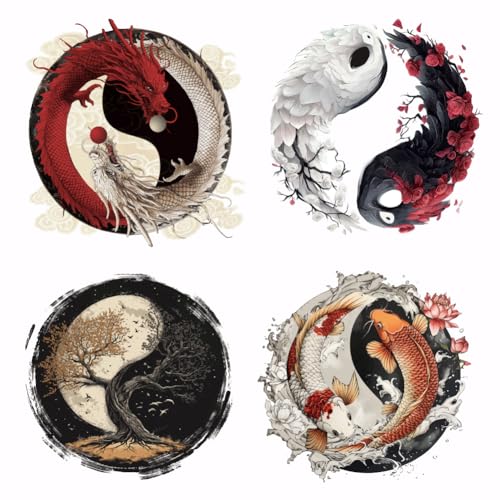 SUPERDANT 4 Stück Yin Und Yang Wärmeübertragungsaufkleber Taiji Aufbügler Aufbügler Aufkleber Waschbares Wärmeübertragungspapier Für Kleidung T Shirts Jeans Rucksäcke DIY Applikation von SUPERDANT