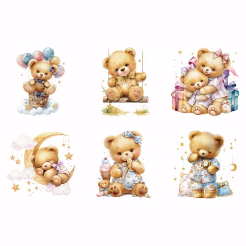 SUPERDANT 6 Stück Baby Bär Wärmeübertragung Cartoon Bär Zum Aufbügeln Kunststoff Aufkleber Set Kleidung Aufbügelaufkleber Für T Shirts Segeltuchtaschen Jacken Kissen DIY Bastelarbeiten Für Kinder von SUPERDANT