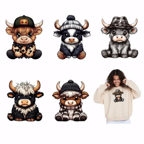 SUPERDANT 6 Stück Wärmeübertragungsaufkleber Mit Cartoon Hochlandkuh Hochlandrind Zum Aufbügeln Aufnäher Aufkleber Wärmeübertragungspapier Für Kleidung T Shirts Jeans Rucksäcke von SUPERDANT