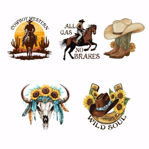 SUPERDANT 5 Stück Western Cowboy Aufkleber für Wärmeübertragung Western Thema Bügelbilder DIY Bügelbilder Wärmeübertragung Aufkleber Für Kleidung T Shirt Jeans Rucksäcke Dekor DIY Applikation von SUPERDANT