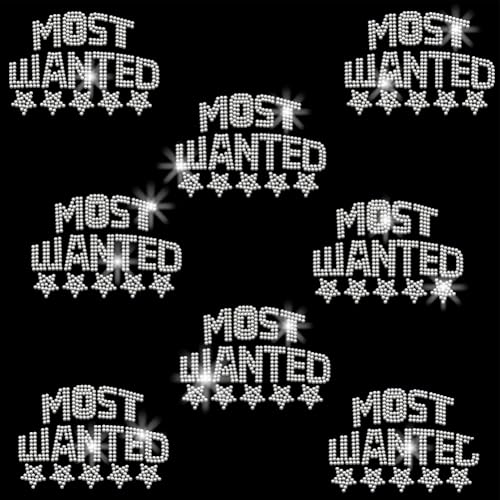 SUPERDANT 8 Stück Most Wanted Bügelbilder mit Strasssteinen, Text, Kristall, Wärmetransfer-Aufkleber, Strass-Flicken für Damen und Herren, T-Shirt, Kleidung, Kapuzenpullover, Tragetasche, Jacken, DIY von SUPERDANT