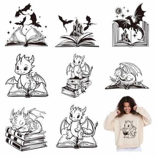 SUPERDANT 9 Blatt Drache Buch Bügelbilder Schwarze Wärmeübertragungsfolie Aufkleber Set Kleidung Bügelbilder Für Jungen Kinder T Shirts Kapuzenpullover Segeltuchtaschen Kissen Jacken Bastelarbeiten von SUPERDANT
