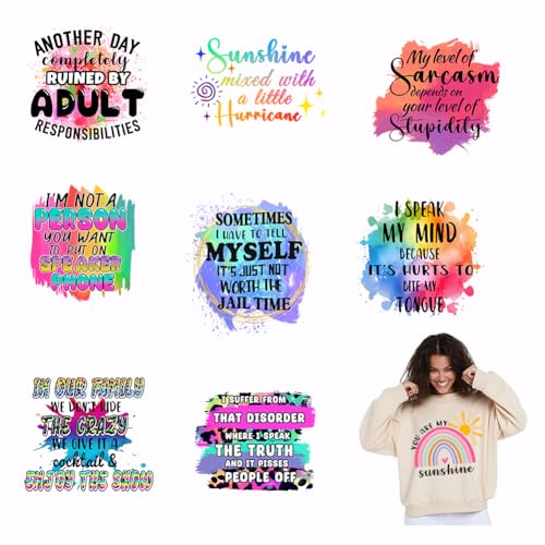SUPERDANT 9 Stück Bügelbilder Mit Lustigen Sprüchen Bunte Wärmeübertragungsaufkleber Lustiger Text DIY Abziehbilder Aufbügeln Wärmeübertragungspapier Für Kleidung T Shirts Kapuzenpullover Rucksäcke von SUPERDANT